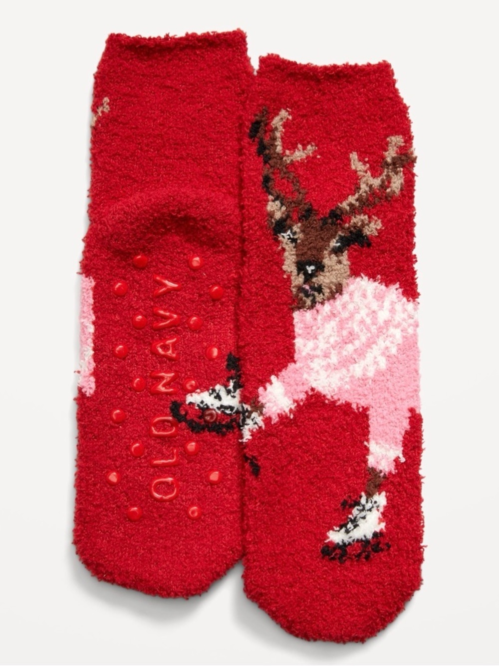 Old Navy Kids Fuzzy Reindeer Slipper Socks Red Holiday Non Slip NWT